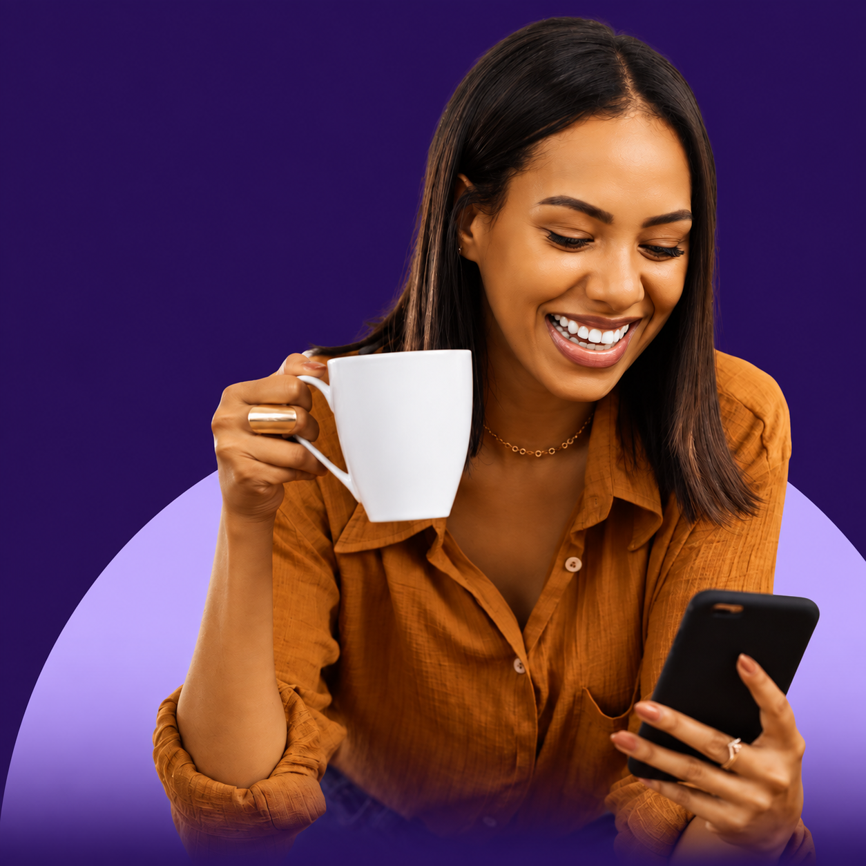 A smiling woman holding coffee and looking at her phone.